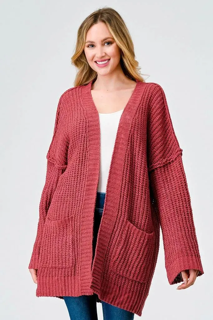 Brick Knit Long Sleeve Two Pocket Open Front Cardigan