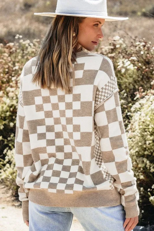 Checkered Print Drop Shoulder Pullover Sweater