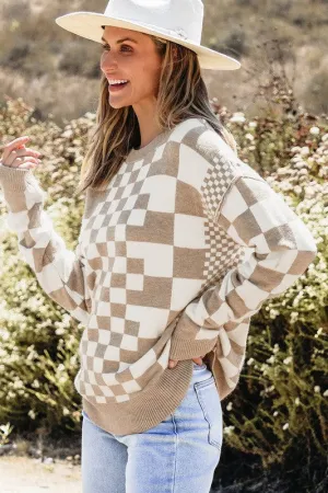 Checkered Print Drop Shoulder Pullover Sweater