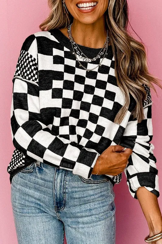 Checkered Print Drop Shoulder Pullover Sweater