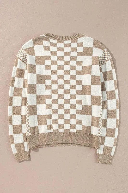 Checkered Print Drop Shoulder Pullover Sweater