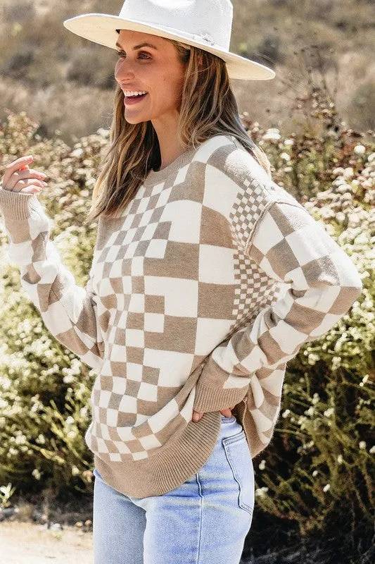 Checkered Print Drop Shoulder Pullover Sweater