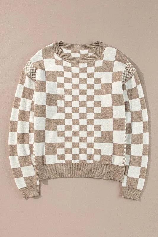 Checkered Print Drop Shoulder Pullover Sweater