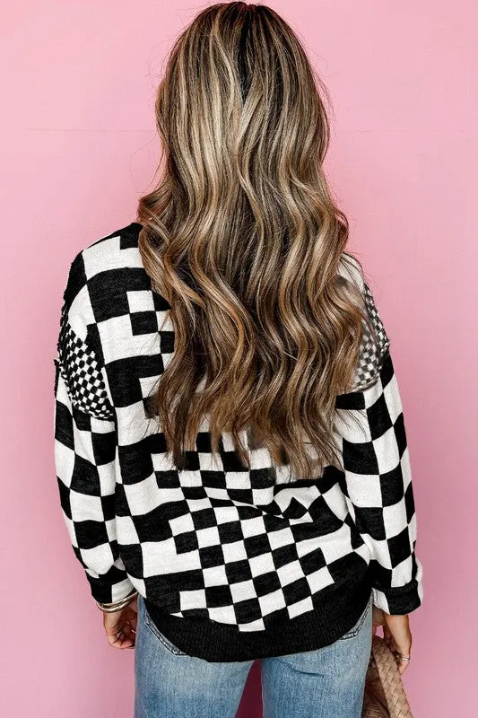 Checkered Print Drop Shoulder Pullover Sweater