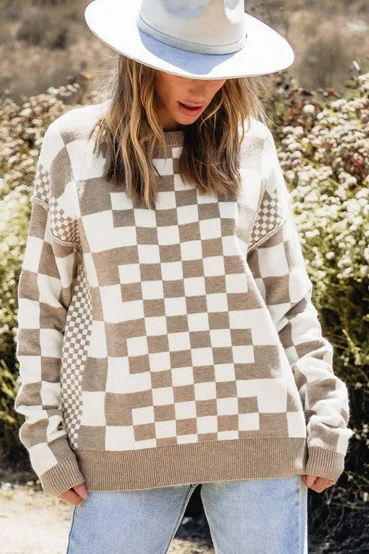 Checkered Print Drop Shoulder Pullover Sweater
