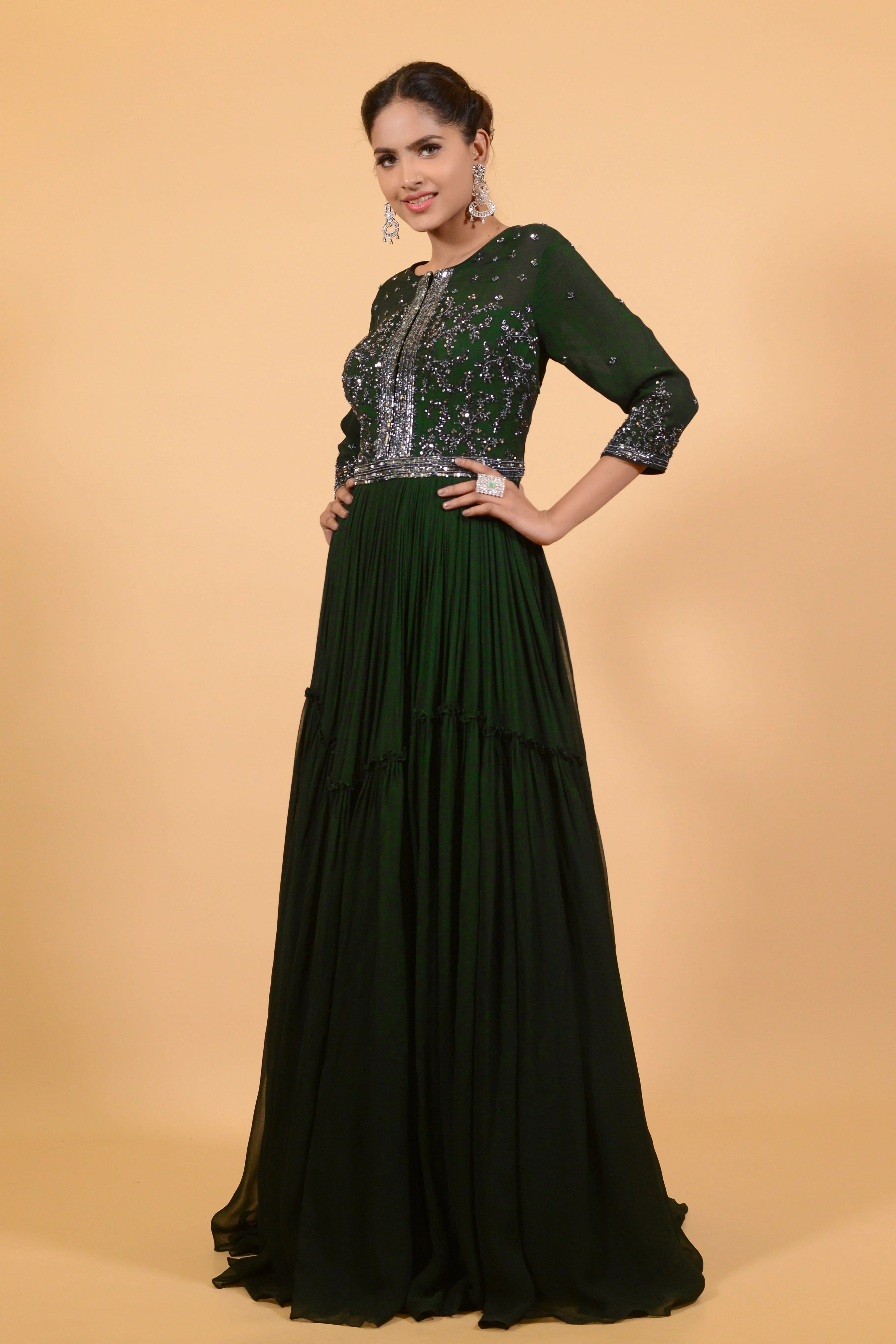 Dark jade green gown.
