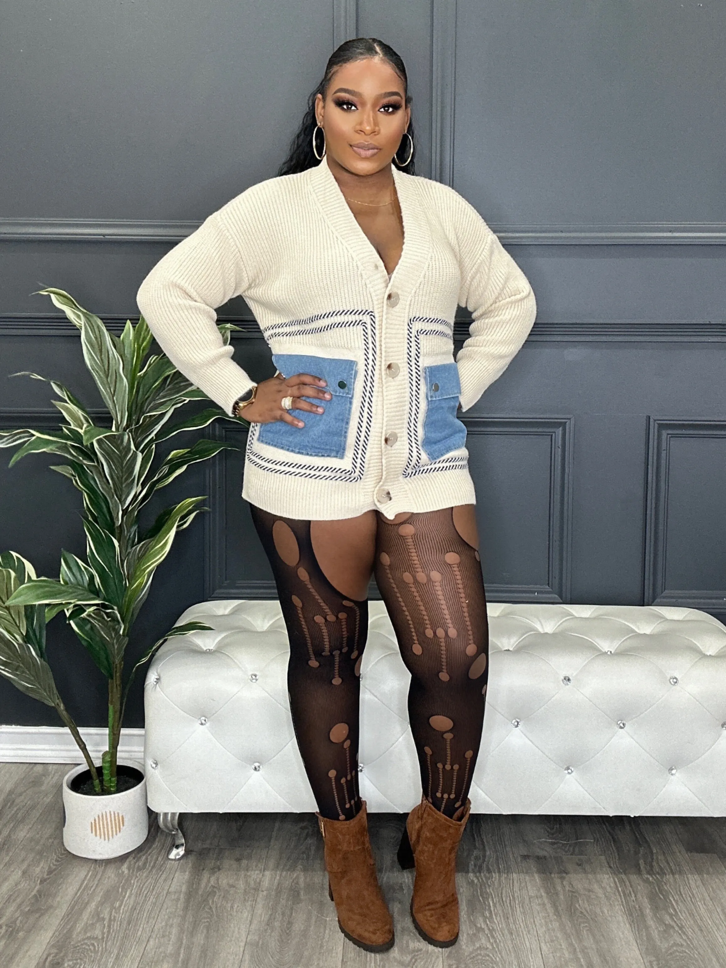 Denim Pockets| Knitted Cardigan