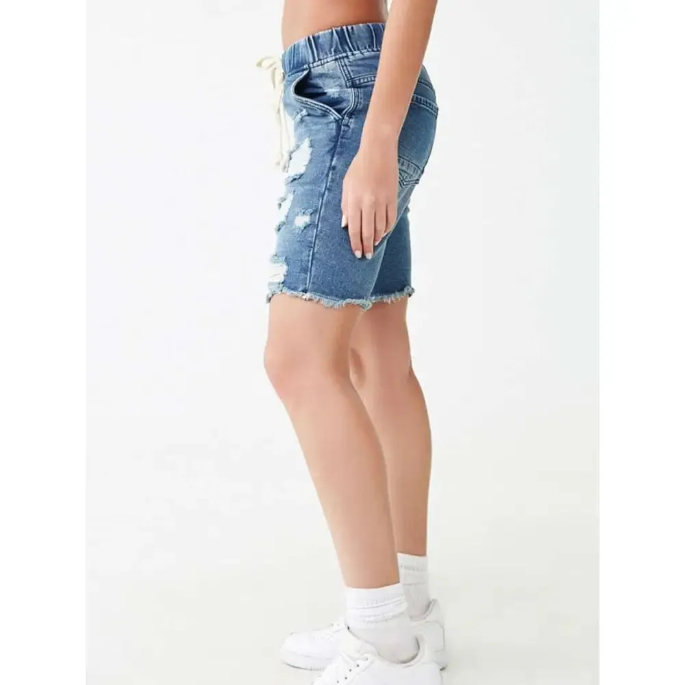 Elastic Ripped Pencil Denim Shorts