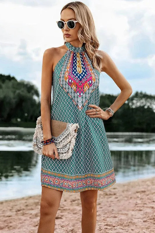Geo Green Mock Neck Dress