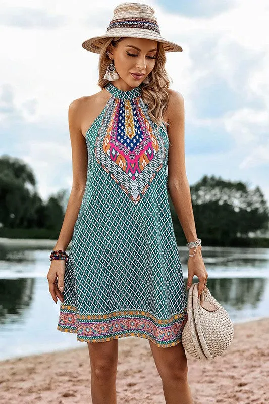 Geo Green Mock Neck Dress