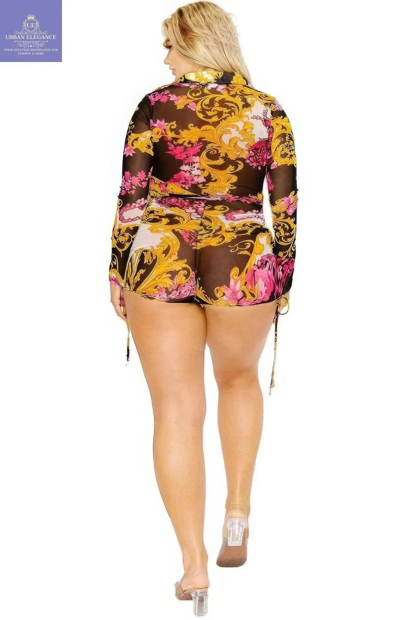 Gold & Floral Print Belted Romper