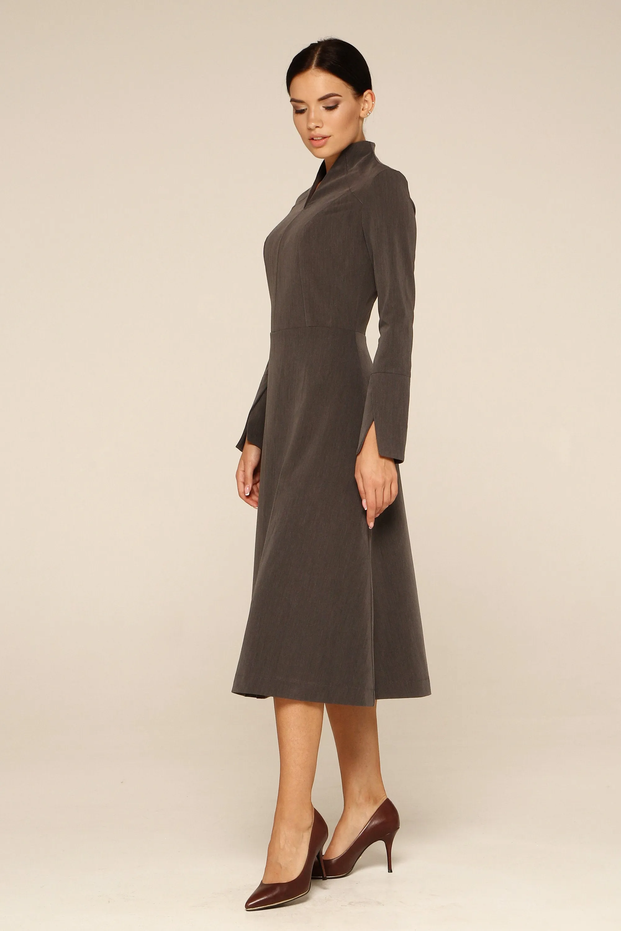 Gray high neck fit and flare midi dress