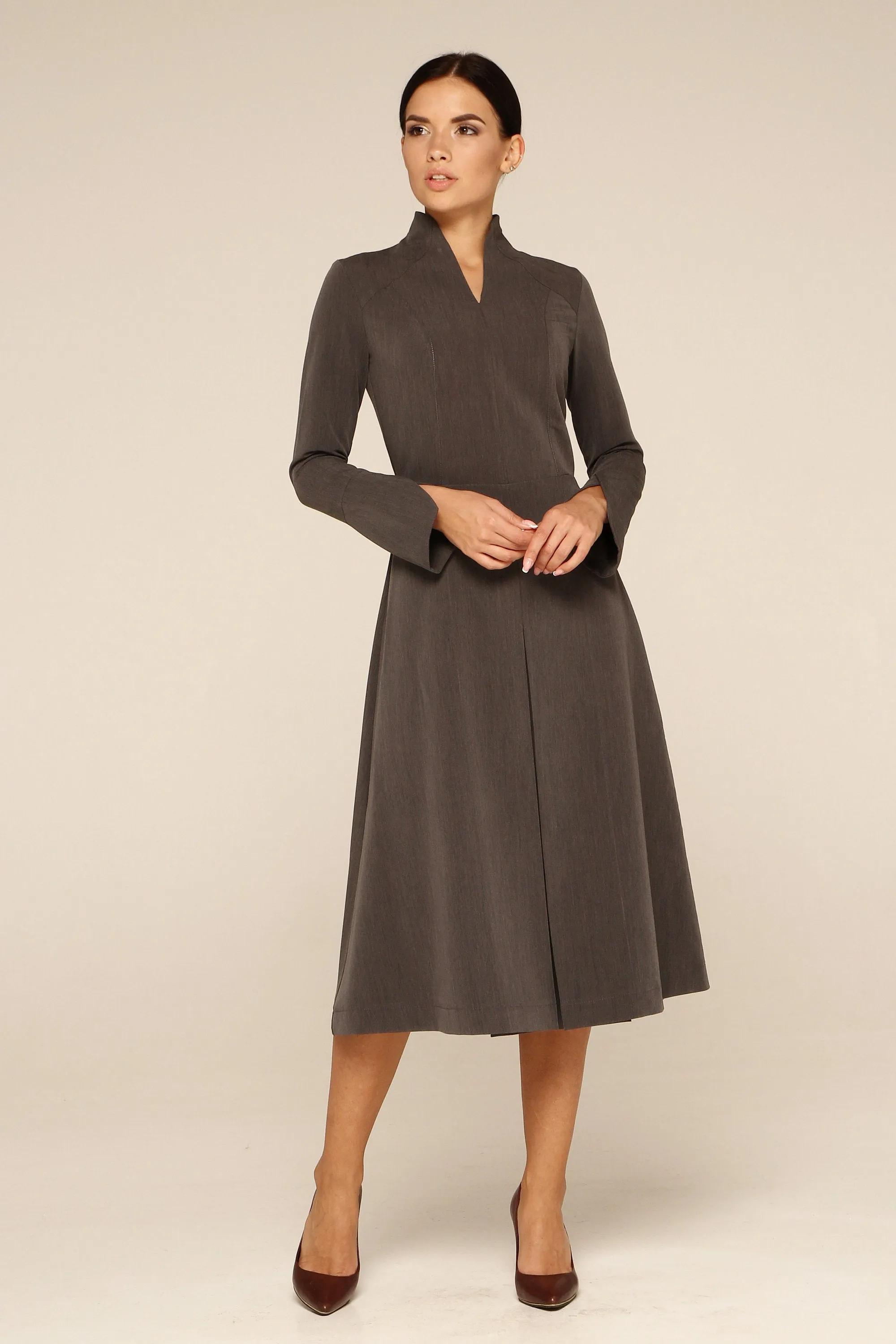 Gray high neck fit and flare midi dress