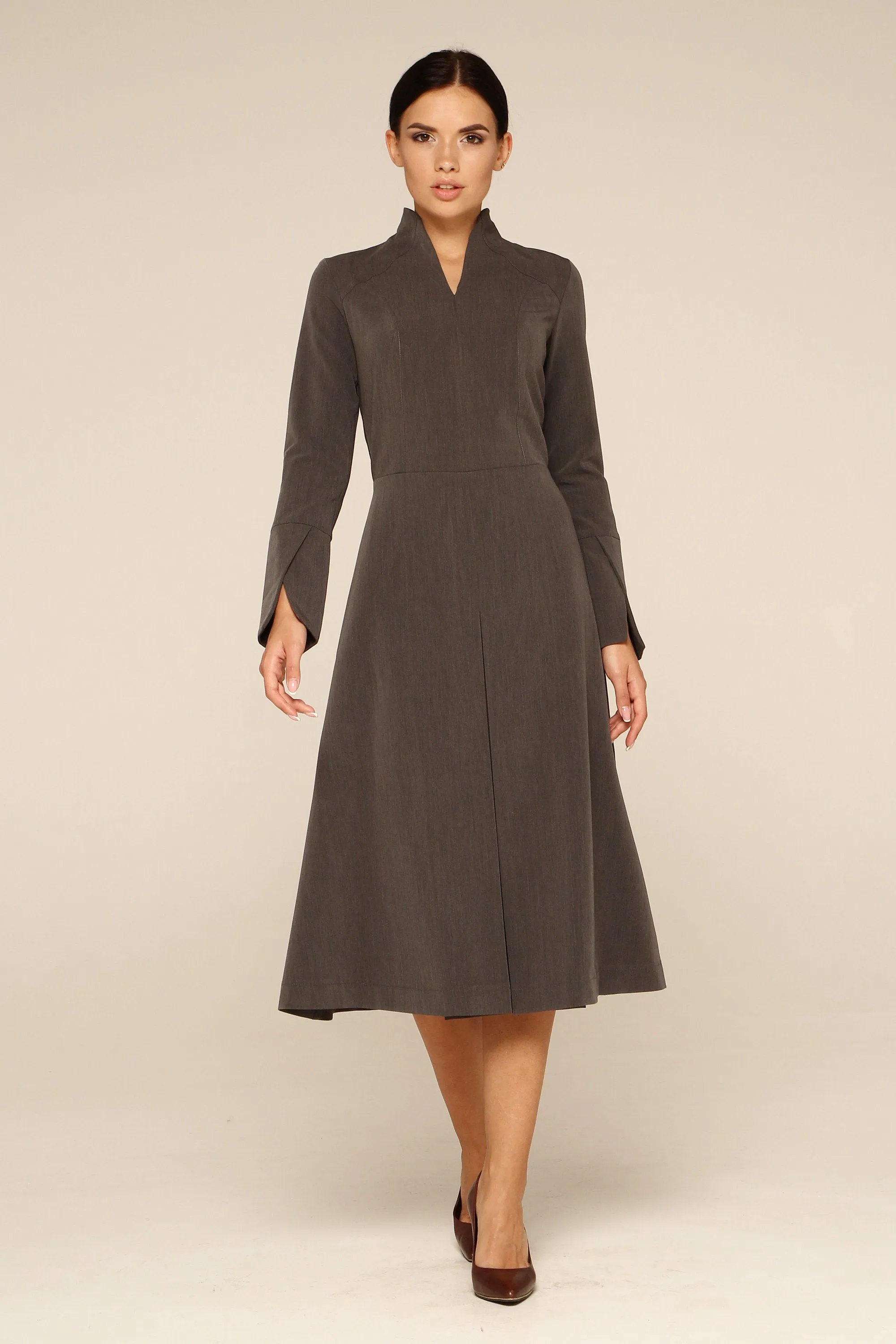 Gray high neck fit and flare midi dress