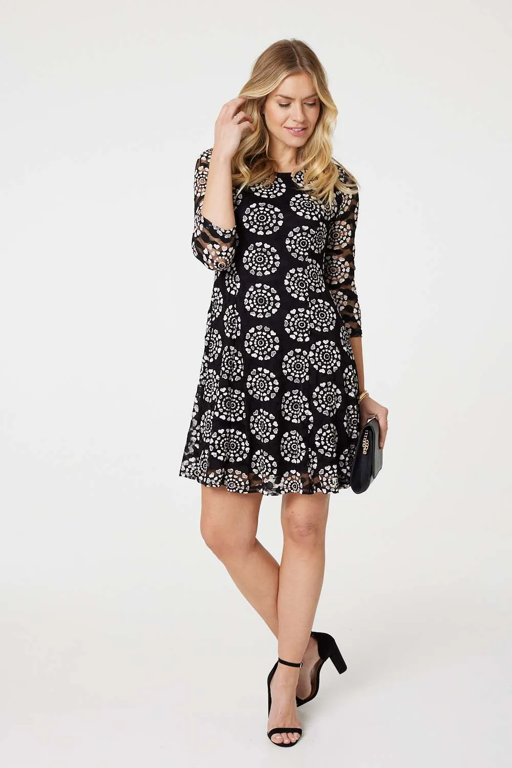 Heart Print 3/4 Sleeve Shift Dress