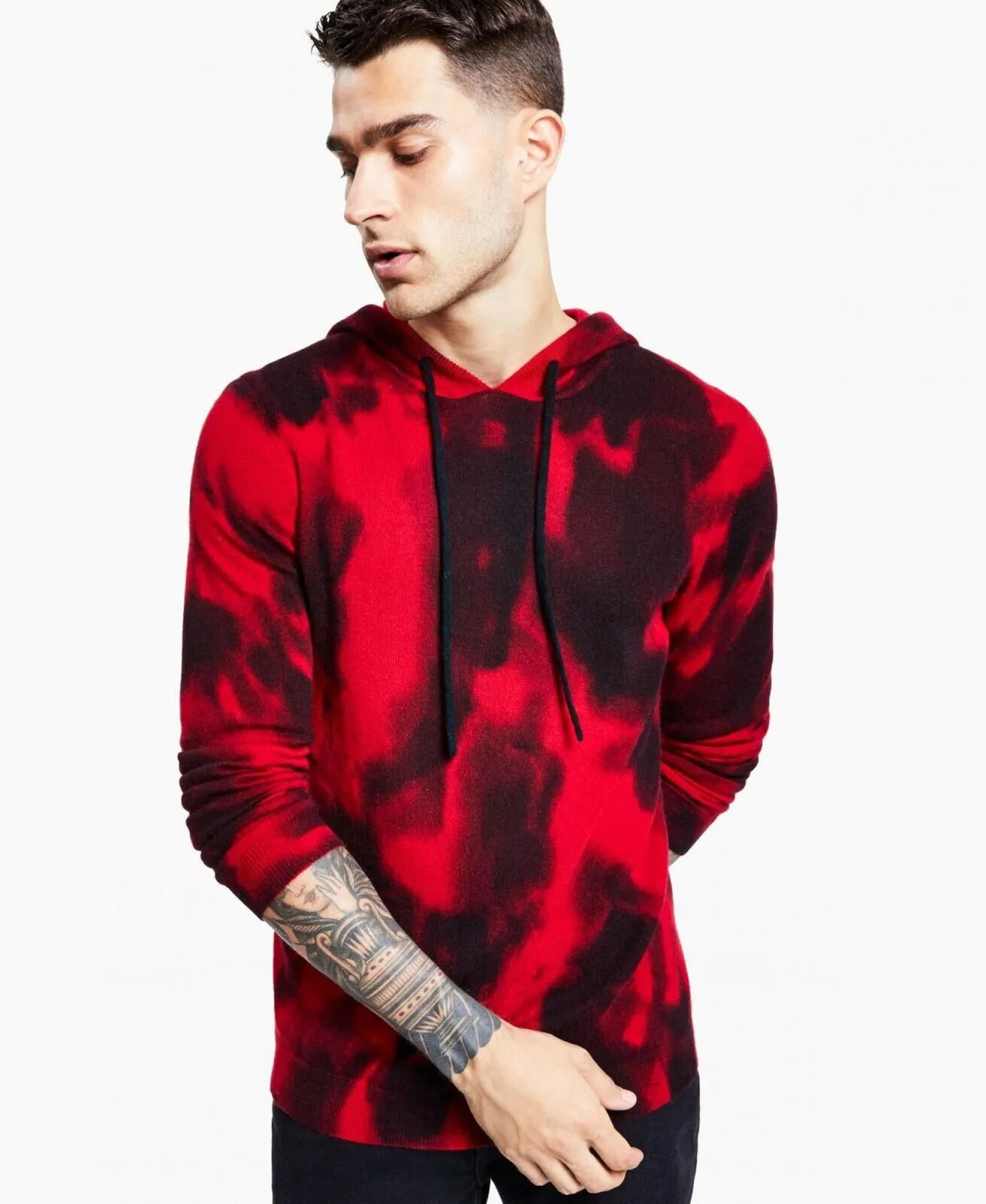 Inc International Concepts Tie-Dye Cashmere Blend Sweater Hoodie Red Wash XL