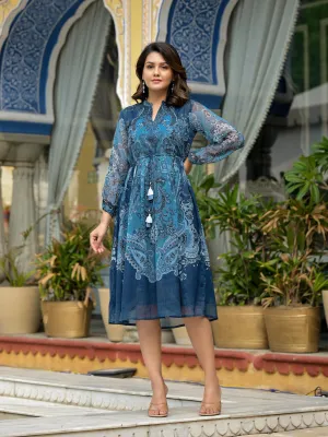 Indigo Ethnic Motif Printed Chiffon Dress With Tassels & Doris