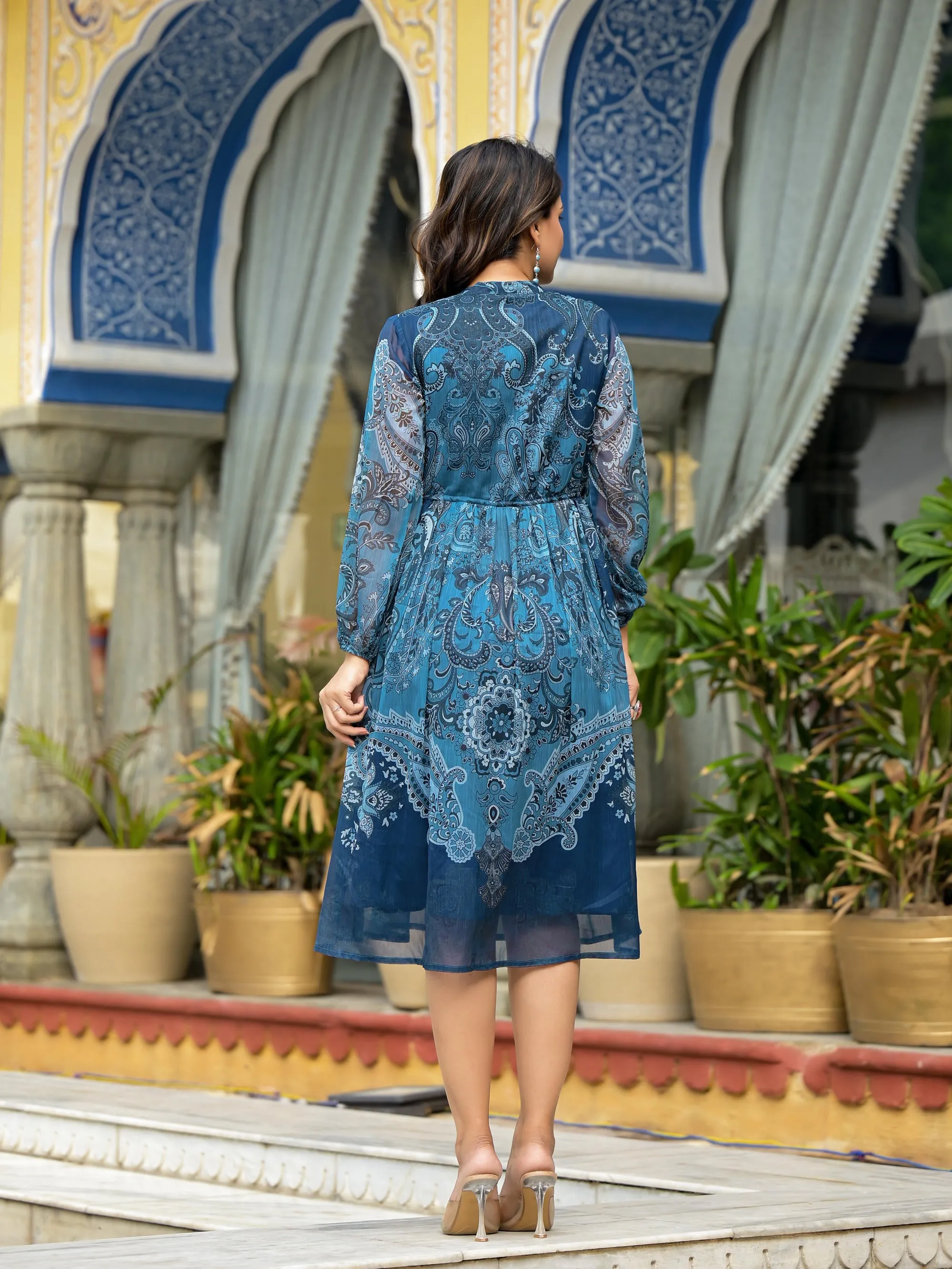Indigo Ethnic Motif Printed Chiffon Dress With Tassels & Doris
