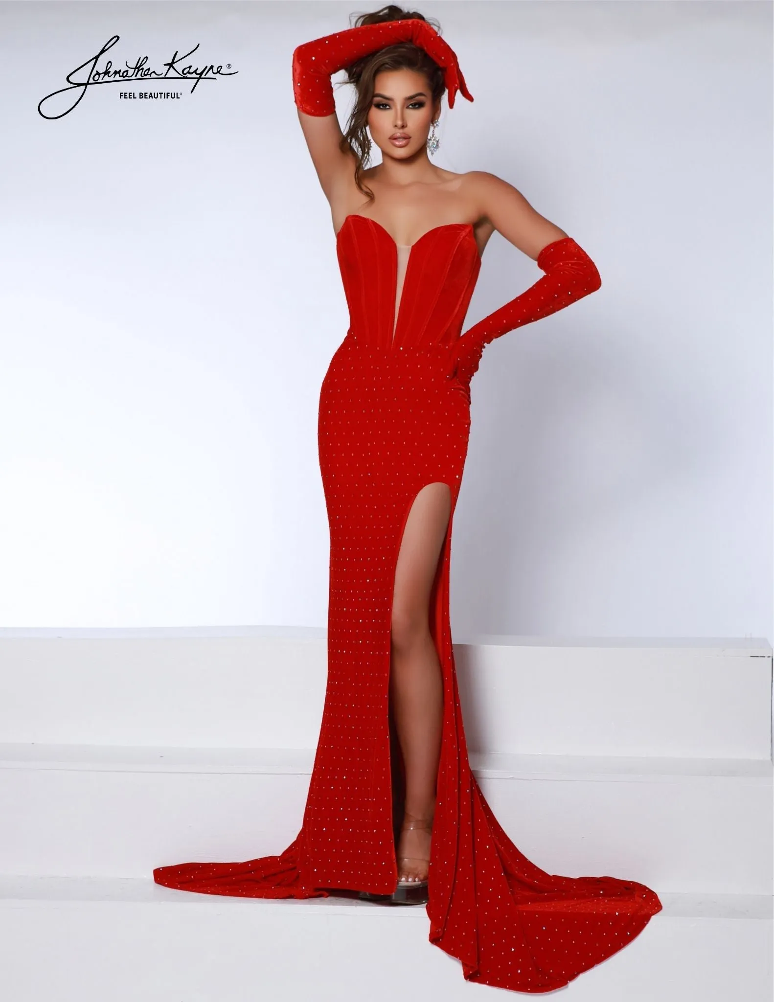 Johnathan Kayne 2860 Evening Gown velvet sweetheart neckline, soft and elegant sleeves
