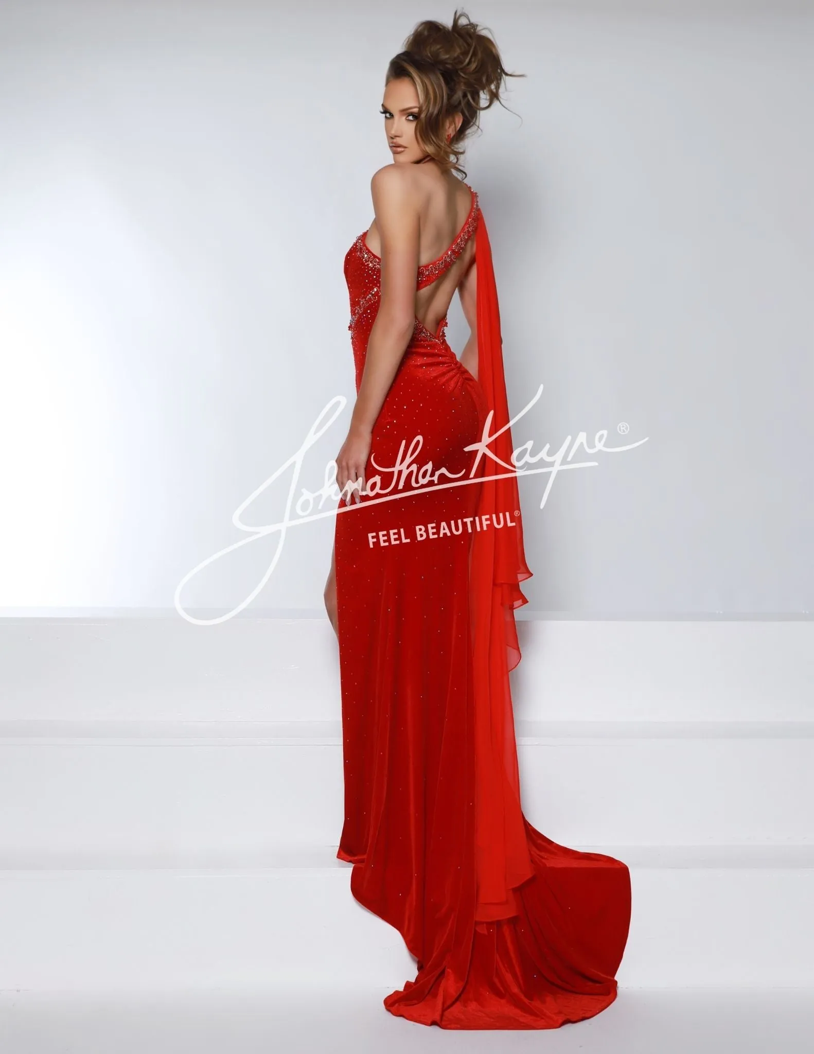 Johnathan Kayne 2963 Size 4 Red Velvet One Shoulder Pageant Dress Cape Cutout Back Slit Formal Gown