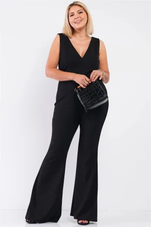Junior Plus Black Sleeveless Deep Plunge V-Neck Wide Leg Jumpsuit /1-1-1
