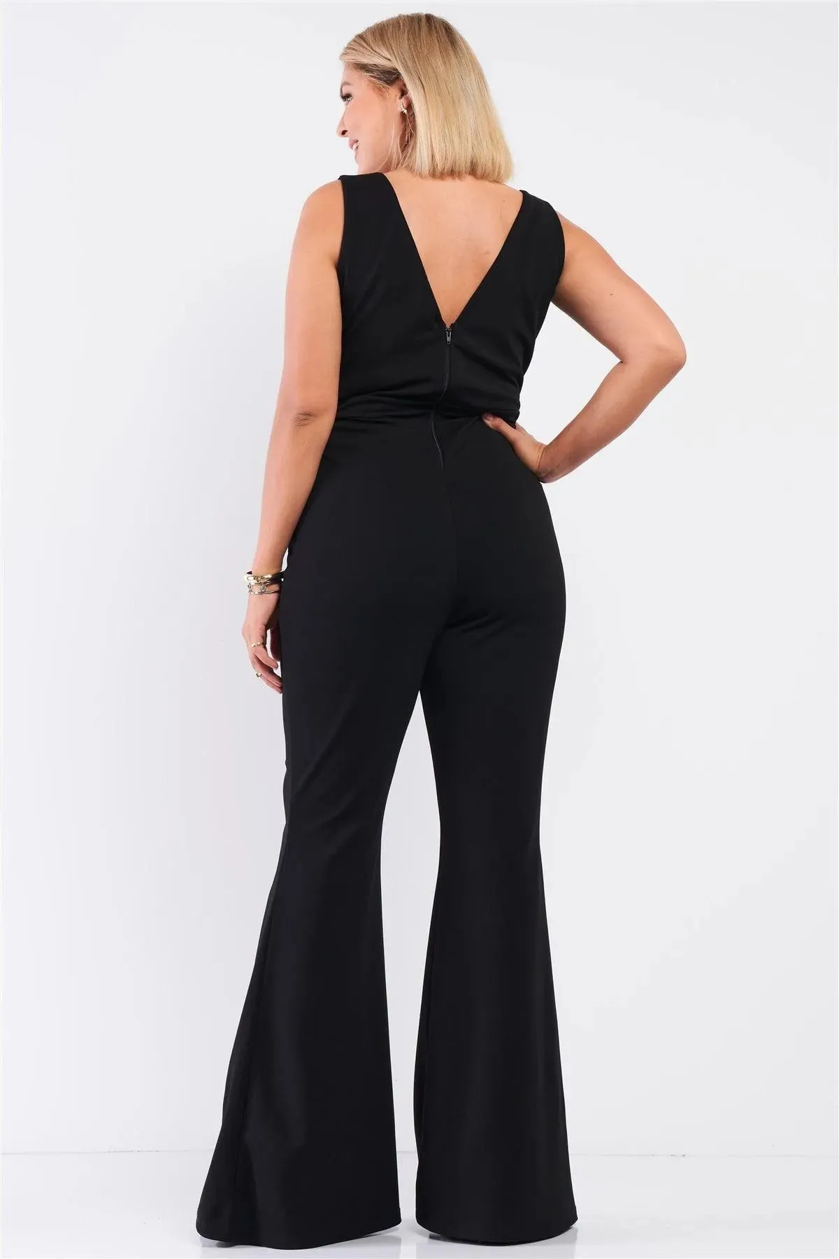 Junior Plus Black Sleeveless Deep Plunge V-Neck Wide Leg Jumpsuit /1-1-1