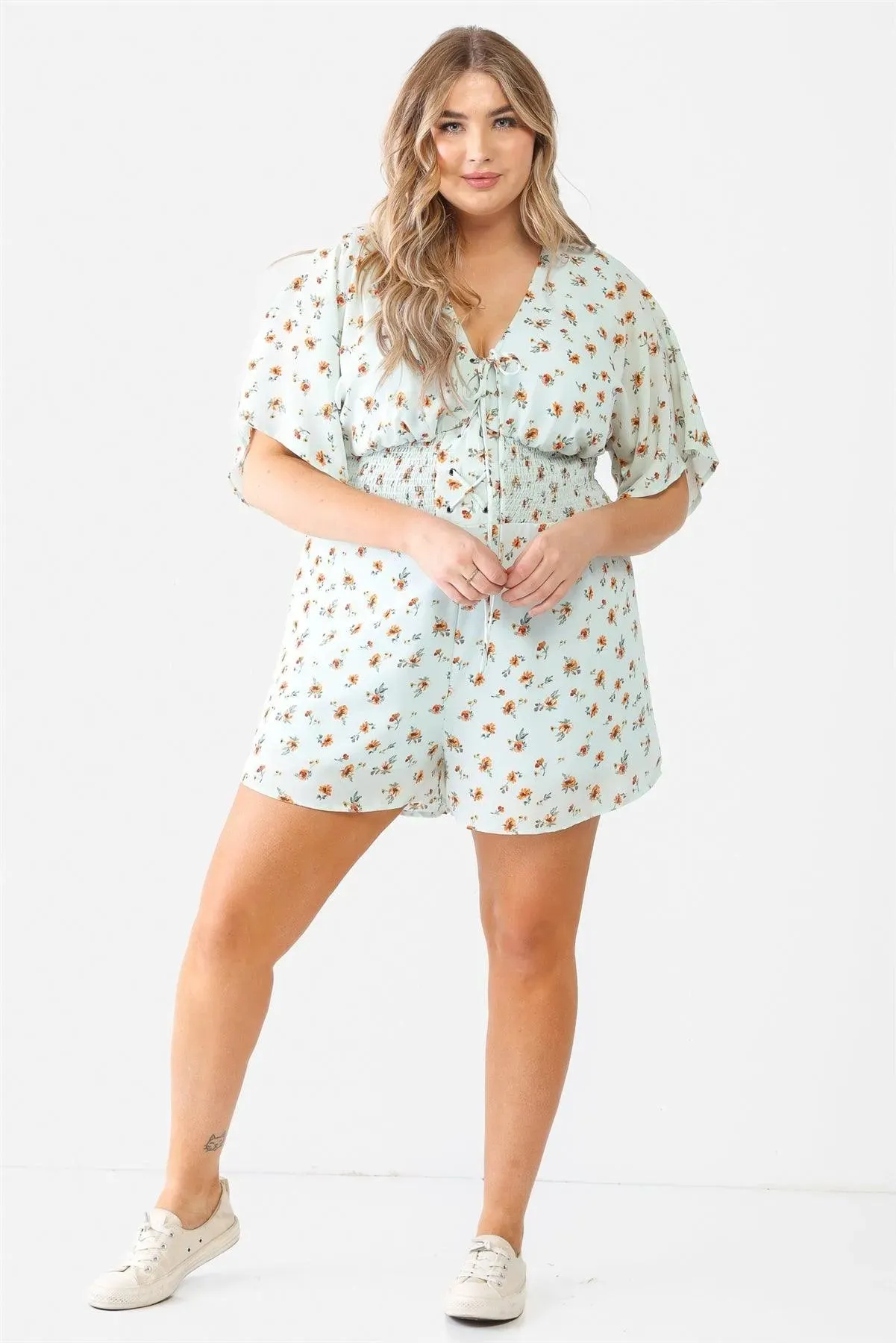 Junior Plus Mint Flower Short Dolman Sleeve Lace-Up Smocked Romper /1-1-1