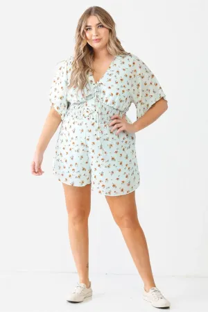 Junior Plus Mint Flower Short Dolman Sleeve Lace-Up Smocked Romper /1-1-1