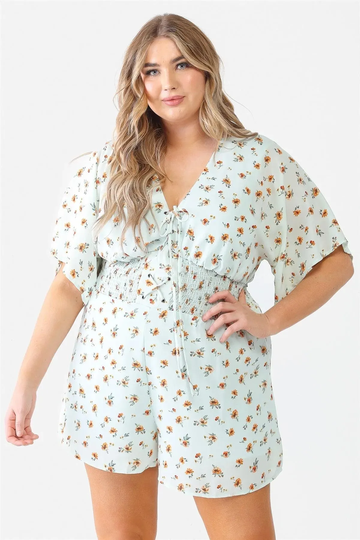 Junior Plus Mint Flower Short Dolman Sleeve Lace-Up Smocked Romper /1-1-1