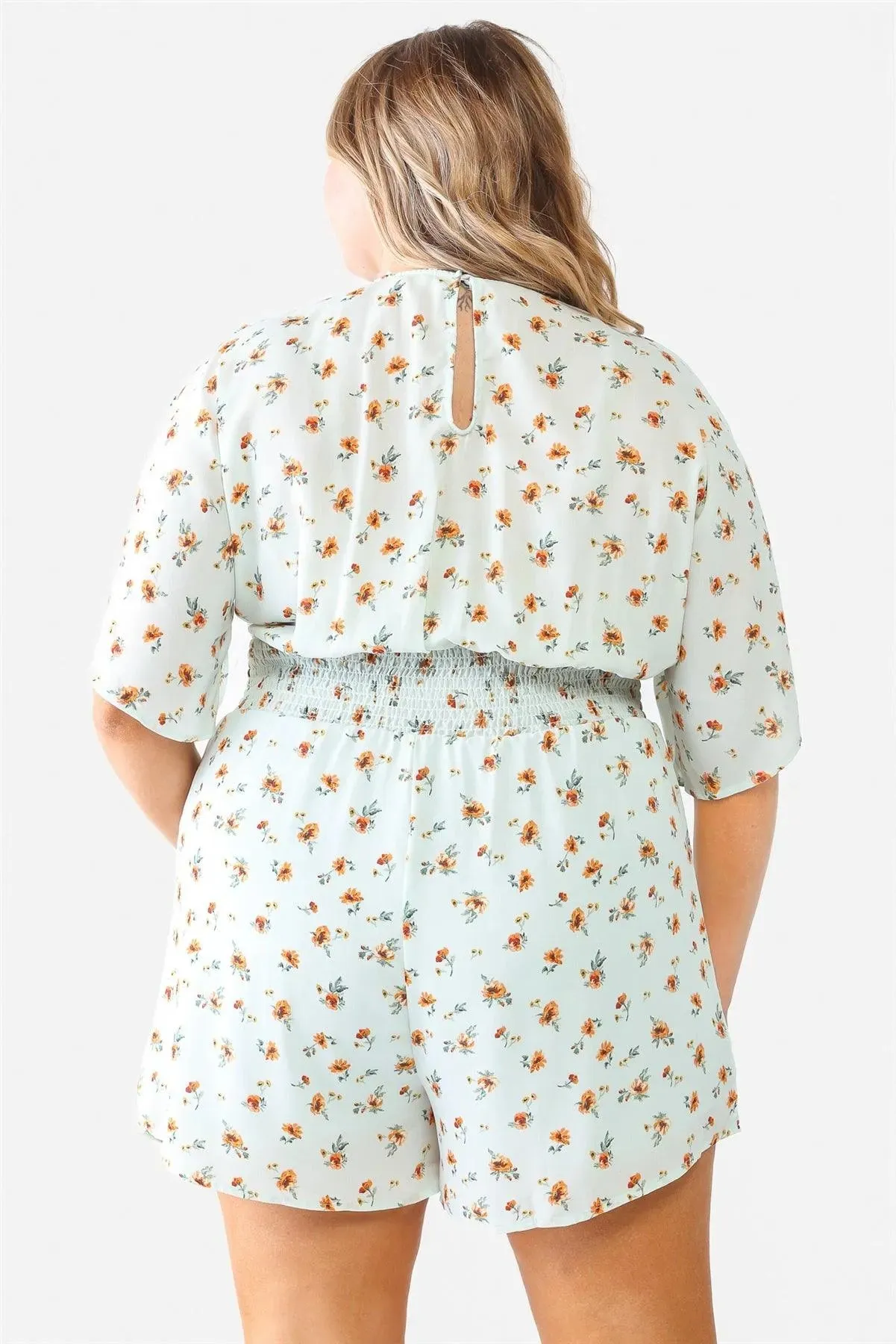 Junior Plus Mint Flower Short Dolman Sleeve Lace-Up Smocked Romper /1-1-1