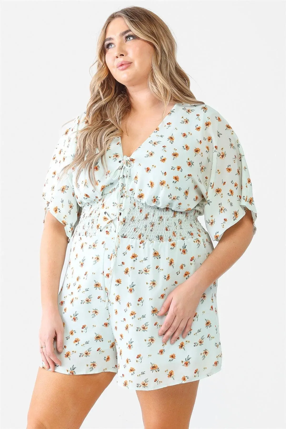 Junior Plus Mint Flower Short Dolman Sleeve Lace-Up Smocked Romper /1-1-1