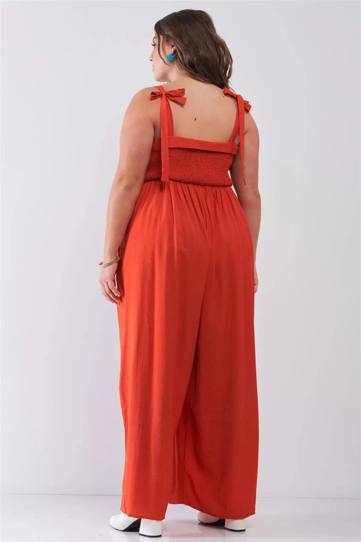 Junior Plus Red Sleeveless Smocked Self-Tie Neckline High-Waisted Very Wide Leg Jumpsuit /2-2