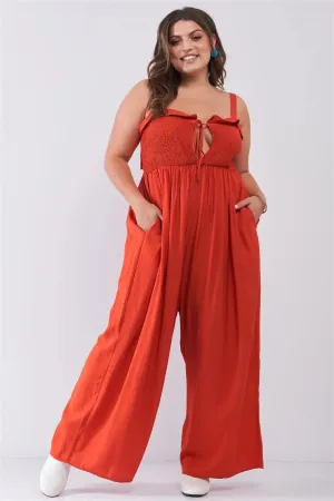 Junior Plus Red Sleeveless Smocked Self-Tie Neckline High-Waisted Very Wide Leg Jumpsuit /2-2