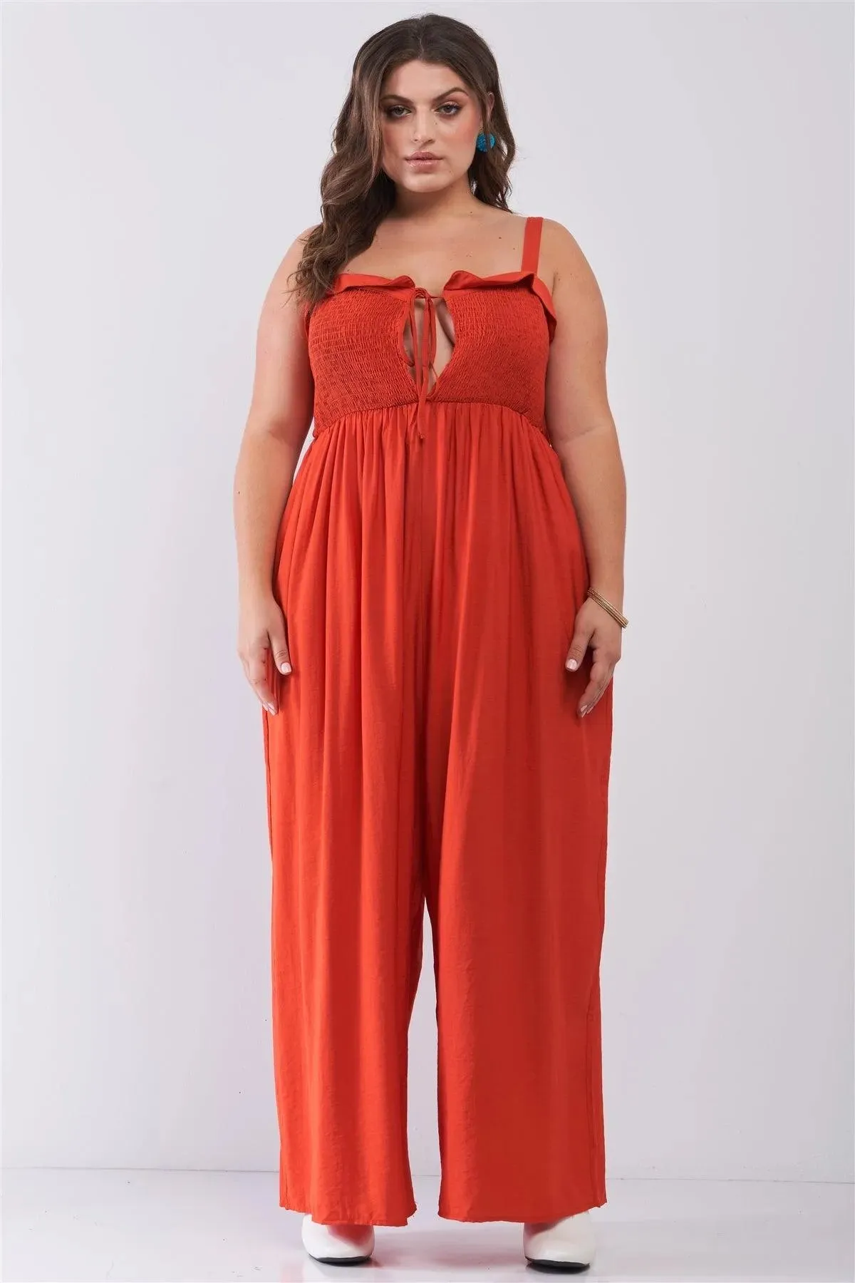 Junior Plus Red Sleeveless Smocked Self-Tie Neckline High-Waisted Very Wide Leg Jumpsuit /2-2