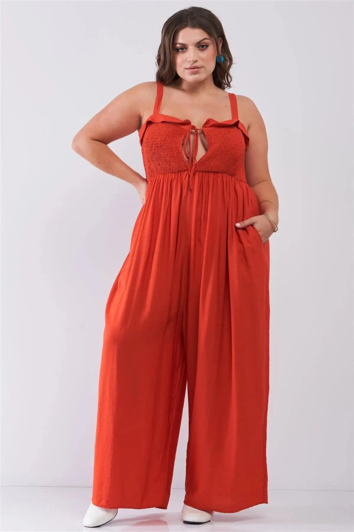 Junior Plus Red Sleeveless Smocked Self-Tie Neckline High-Waisted Very Wide Leg Jumpsuit /2-2