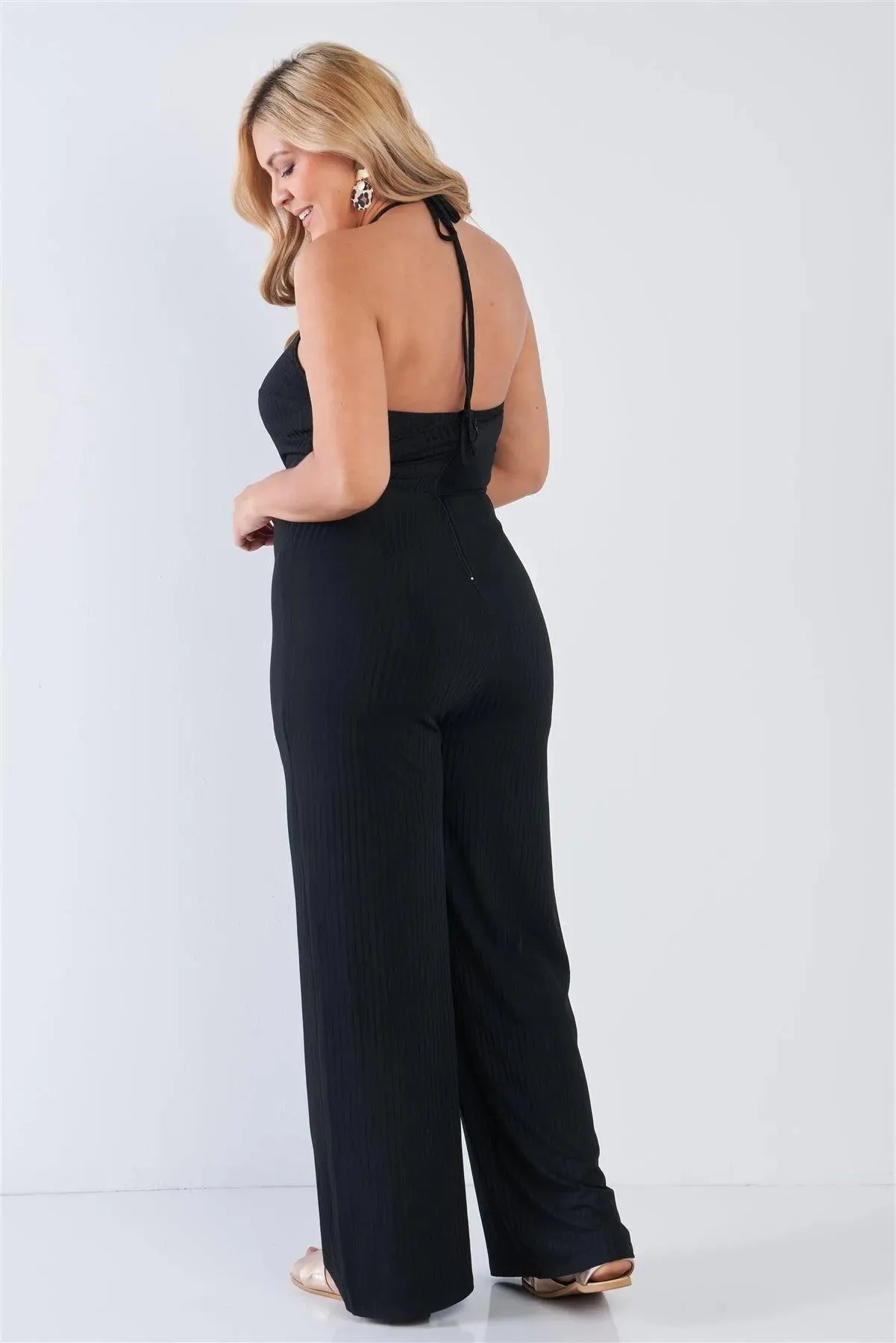 Junior Plus Size Black Halter Neck Rib Knit Wide Leg Jumpsuit /3-2-2