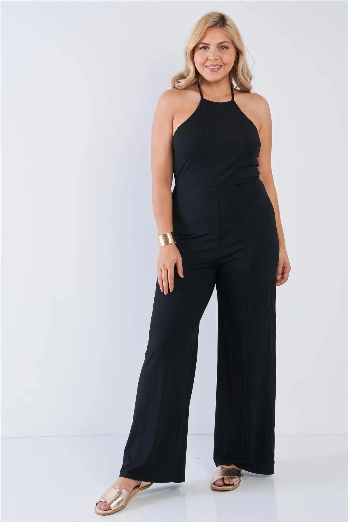 Junior Plus Size Black Halter Neck Rib Knit Wide Leg Jumpsuit /3-2-2