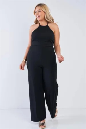 Junior Plus Size Black Halter Neck Rib Knit Wide Leg Jumpsuit /3-2-2