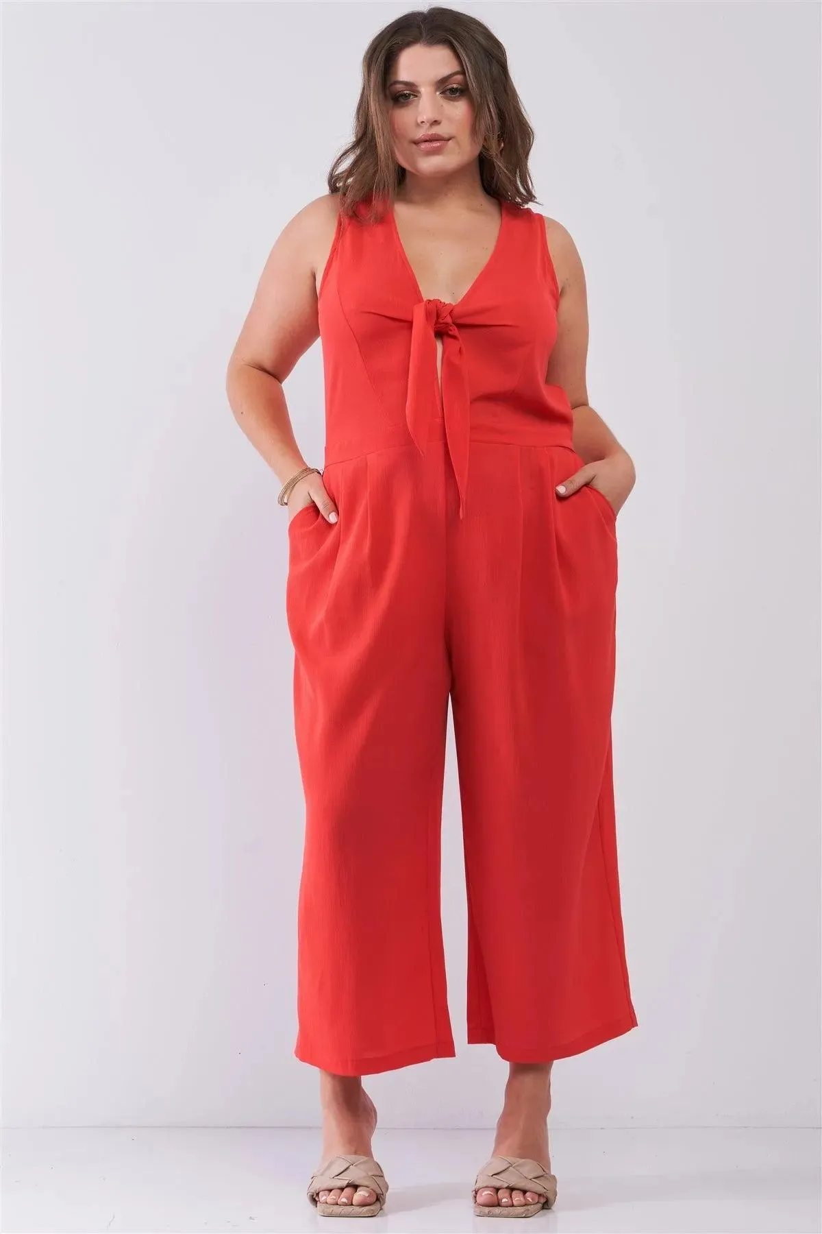 Junior Plus Size Coral Sleeveless V-Neck Self-Tie Front Detail Wide Leg Jumpsuit
