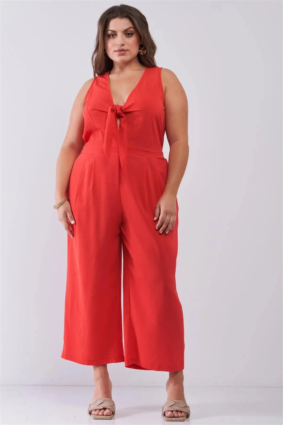 Junior Plus Size Coral Sleeveless V-Neck Self-Tie Front Detail Wide Leg Jumpsuit