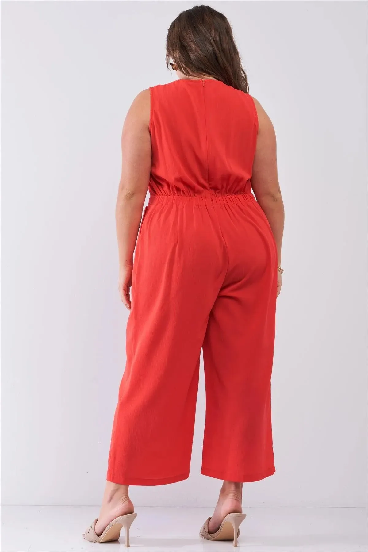 Junior Plus Size Coral Sleeveless V-Neck Self-Tie Front Detail Wide Leg Jumpsuit