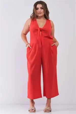 Junior Plus Size Coral Sleeveless V-Neck Self-Tie Front Detail Wide Leg Jumpsuit