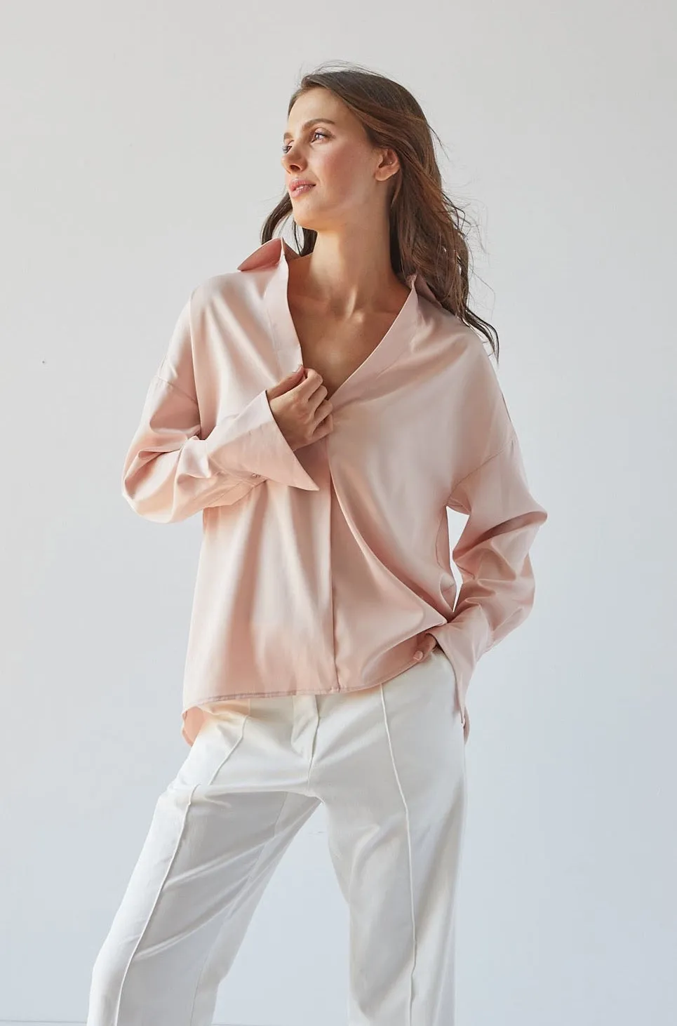 Kay Popover Satin Blouse With Long Cuffs - Rose