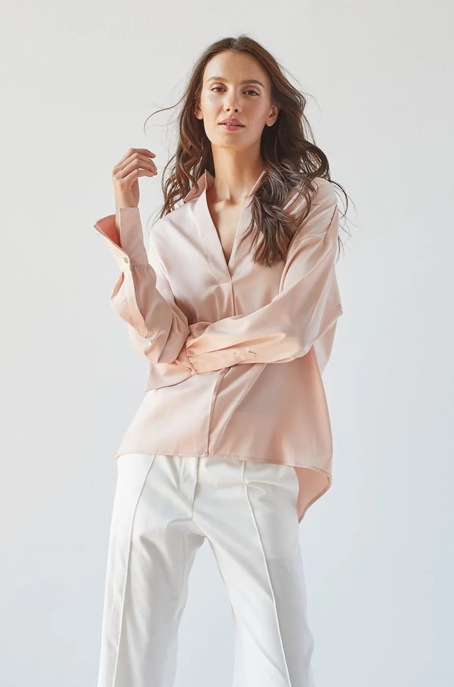 Kay Popover Satin Blouse With Long Cuffs - Rose