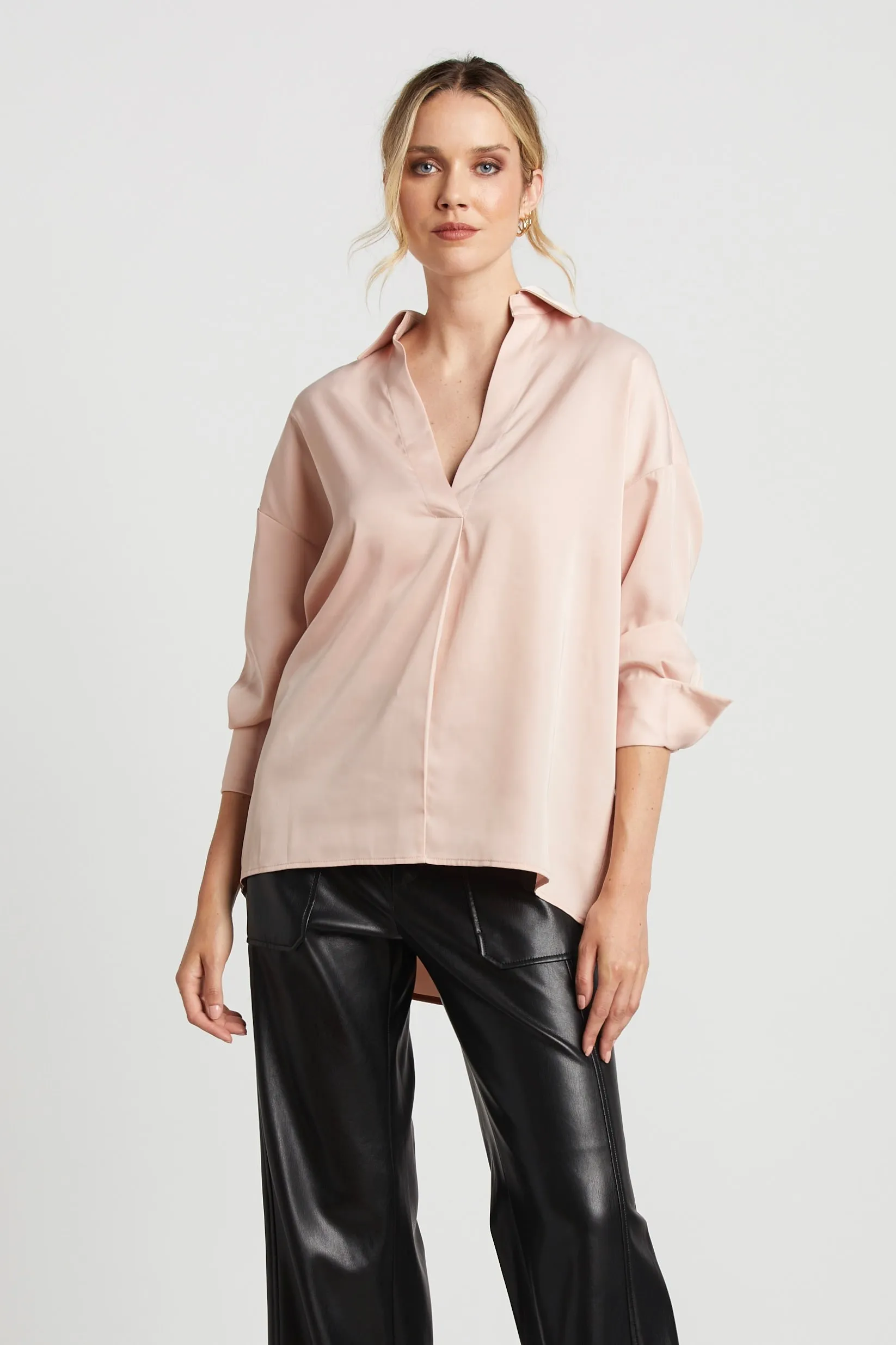 Kay Popover Satin Blouse With Long Cuffs - Rose