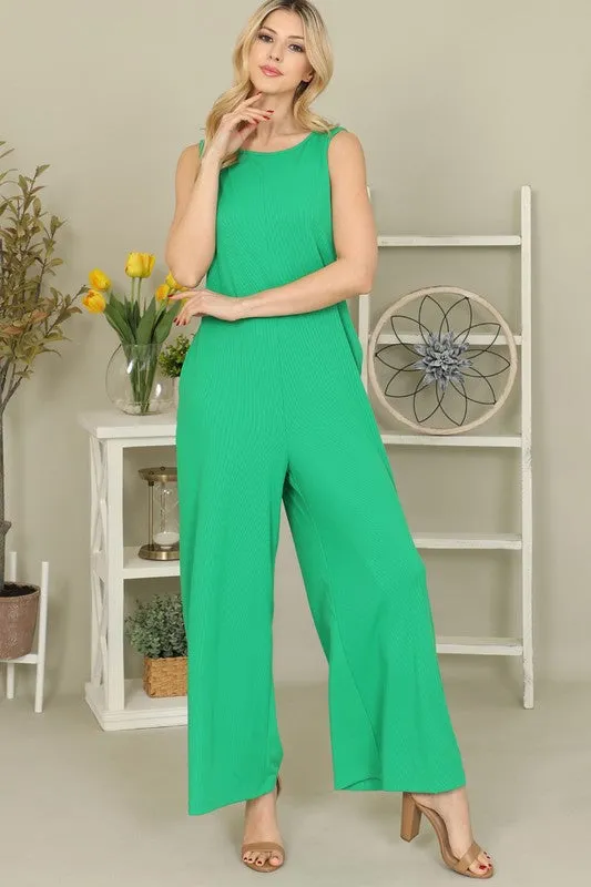 Kelly Green Wide Leg Micro Ribbed Knit Jumpsuit