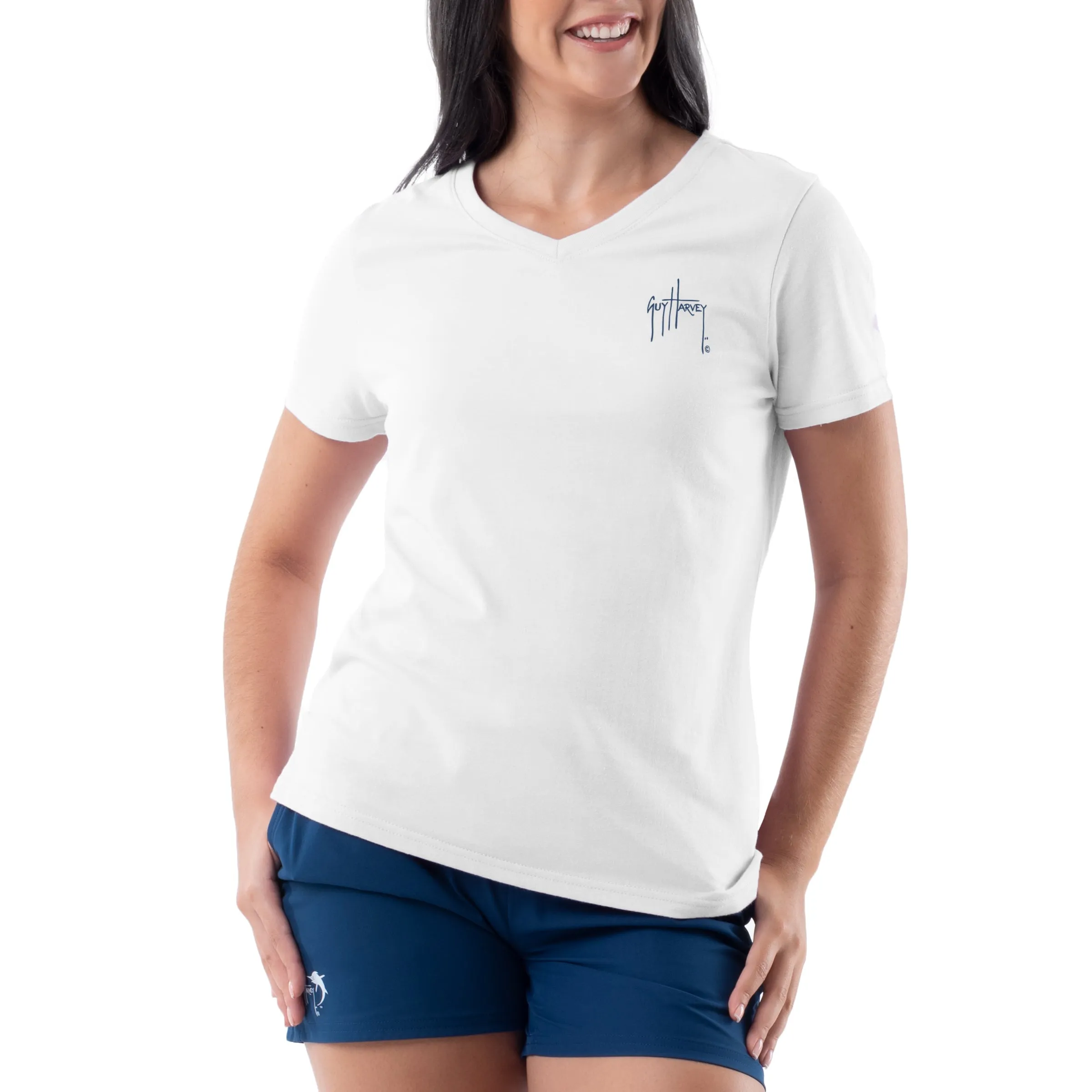 Ladies Flipping Flowers Short Sleeve V-Neck T-Shirt