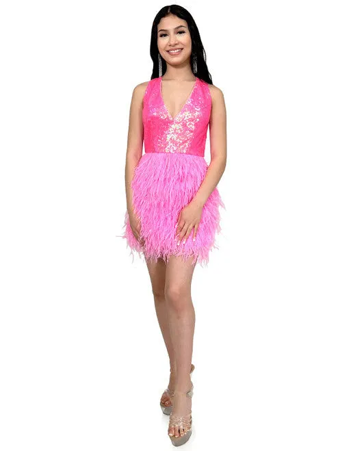Marc Defang 8203 Size 00 White Short Ostrich Feather Sequin Backless cocktail Dress Formal Pageant