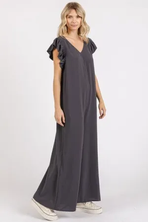 Mittoshop V-Neck Ruffled Cap Sleeve Wide Leg Jumpsuit