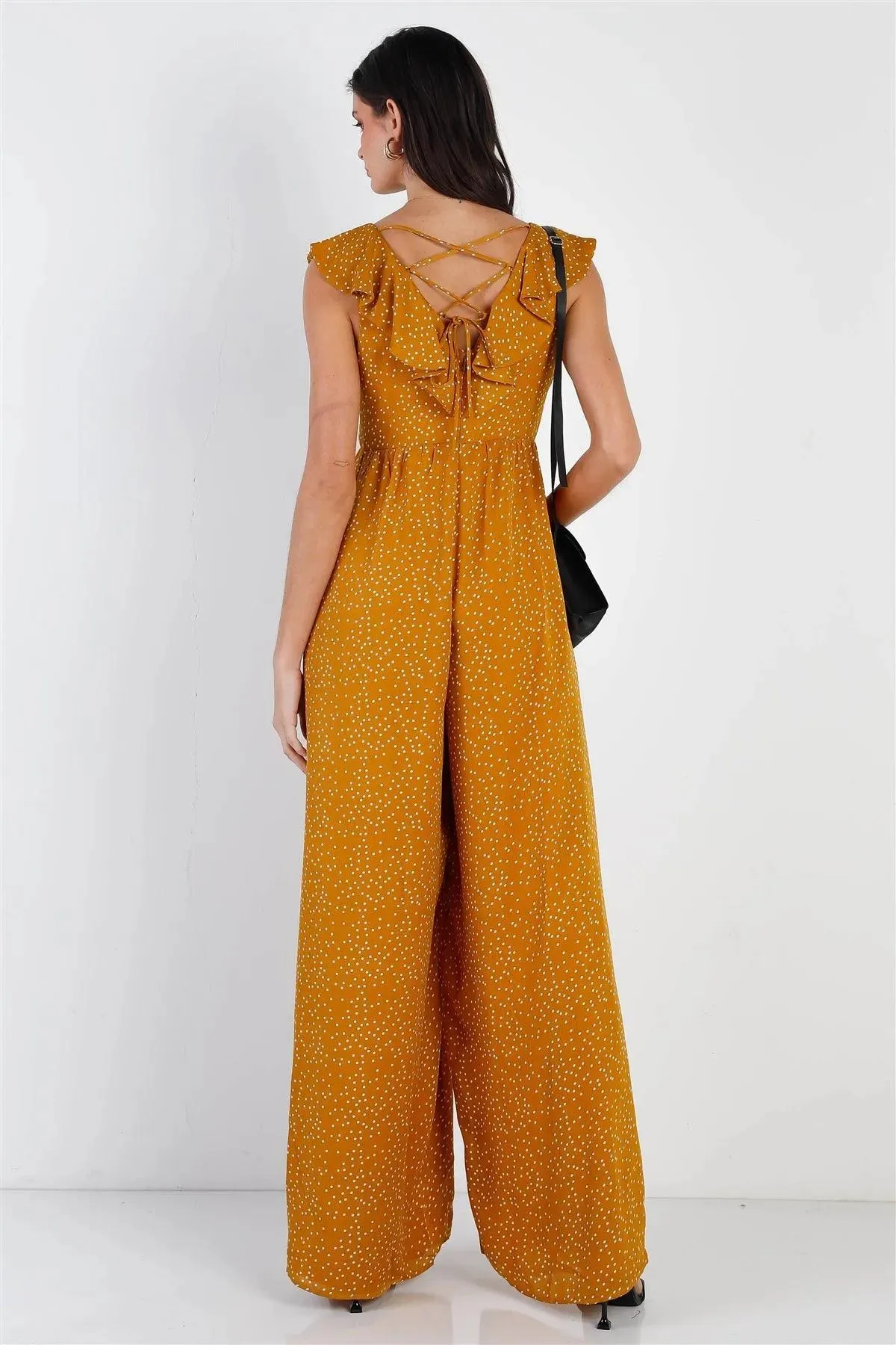 Mustard & White Polka Dot Back Lace Up Detail Jumpsuit /1-2-2-1